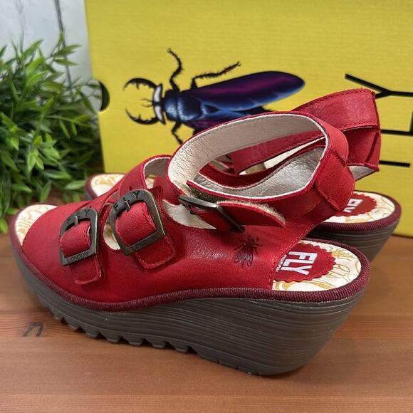 FLY London Yorn Leather Buckle Wedges Sandals Size 38 - Picture 5 of 12
